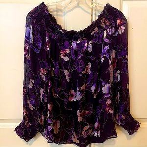 WHBM silk blouse off shoulder smocked trim purple flowers like new Med